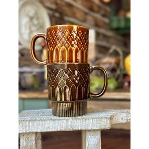 (2)Mid century style stackable mugs brown drip glaze| Made in Japan